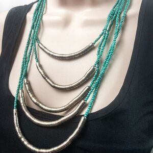 Five-Strand Navajo Style Beaded Necklace in Turquoise and Silver